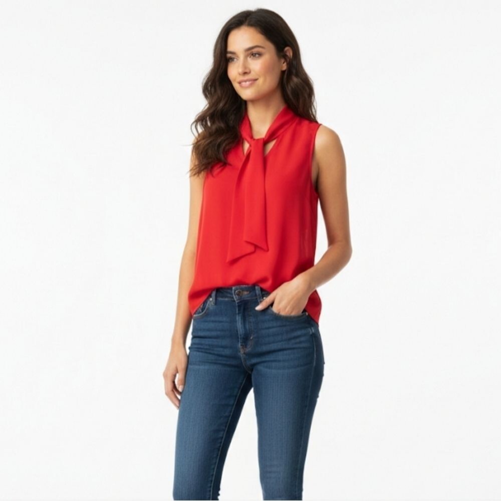​Parker Red Sleeveless Tie-Neck Bow Blouse Top Size M